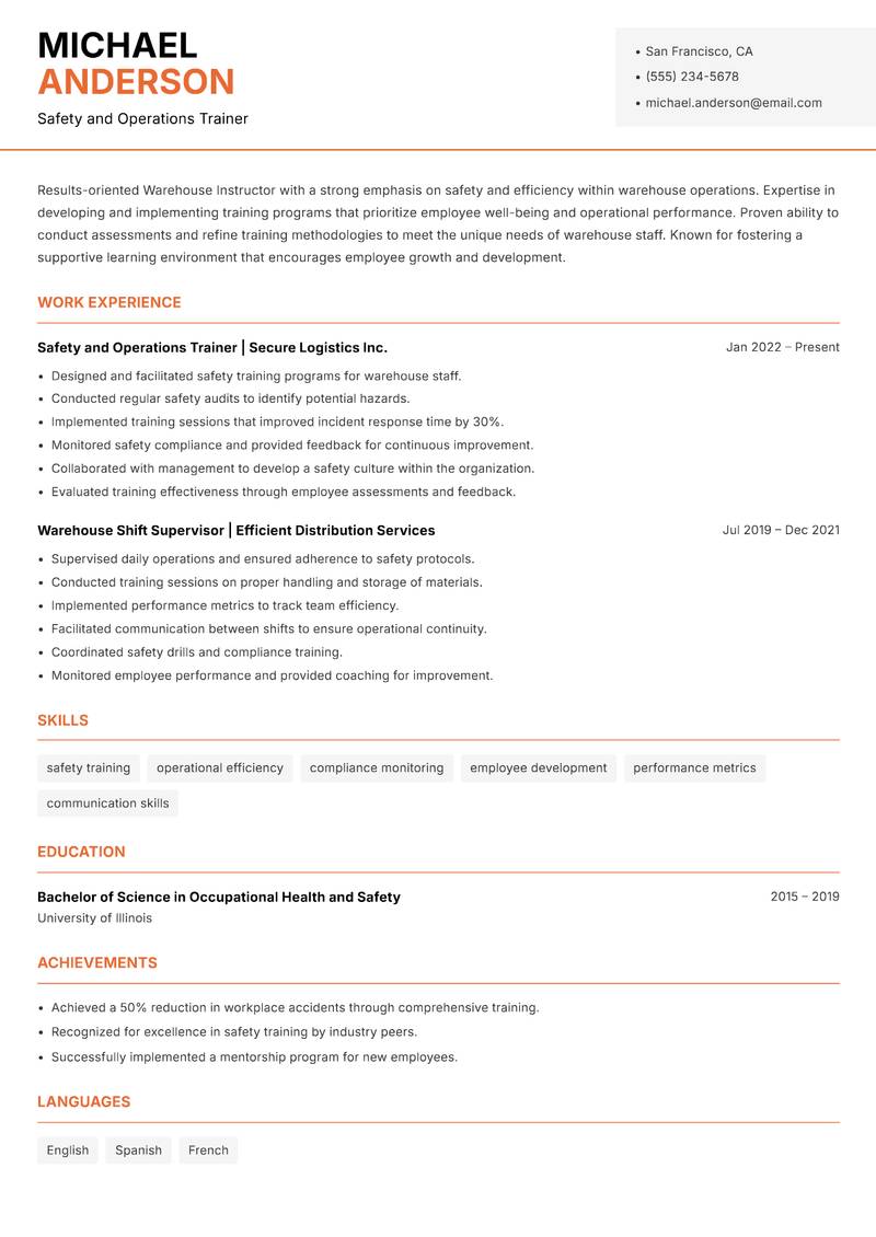 Warehouse Instructor Resume Template