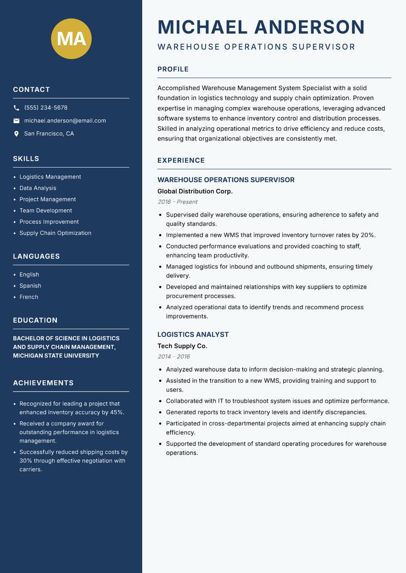 Warehouse Management System Specialist Resume Preview Example