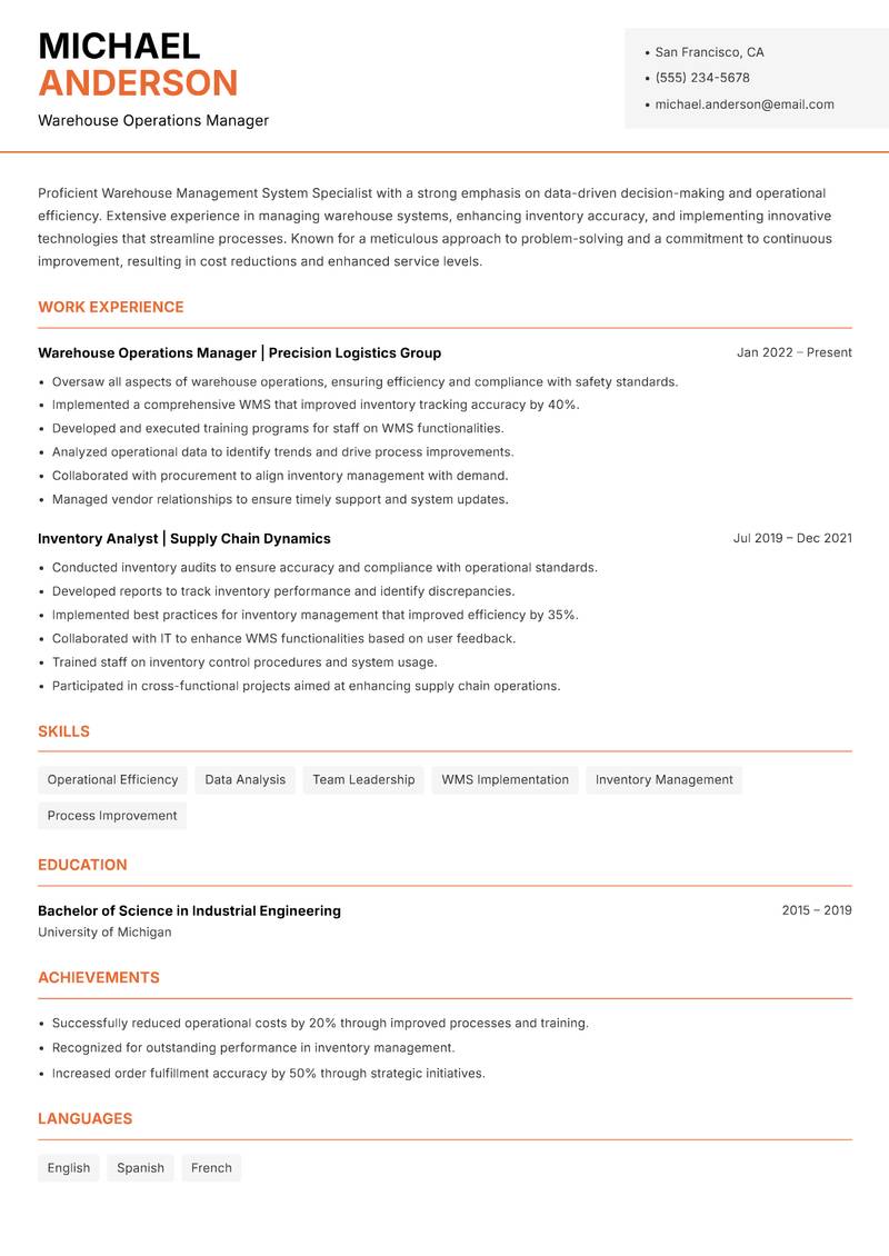 Warehouse Management System Specialist Resume Template