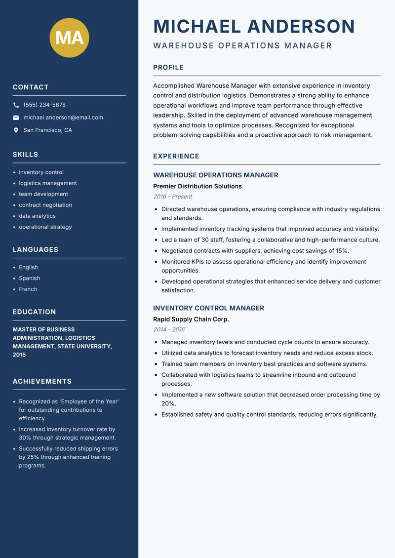 Warehouse Manager Resume Preview Example