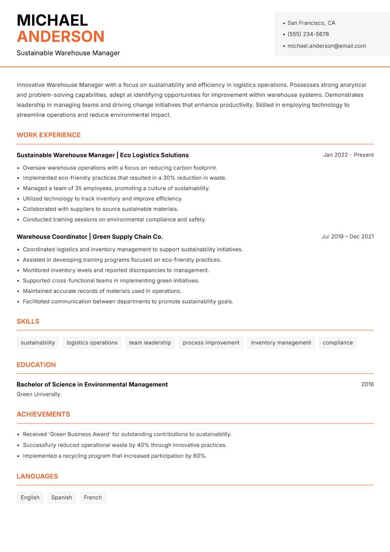 Warehouse Manager Resume Template