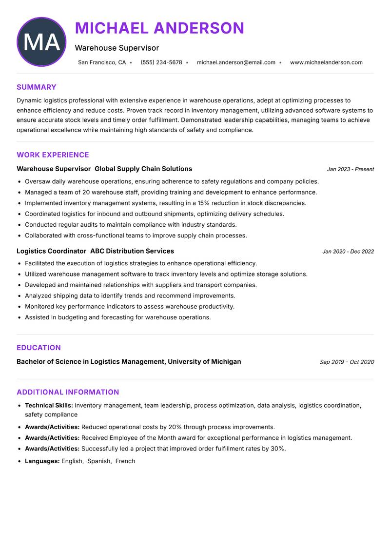 Warehouse Officer Resume Preview Example