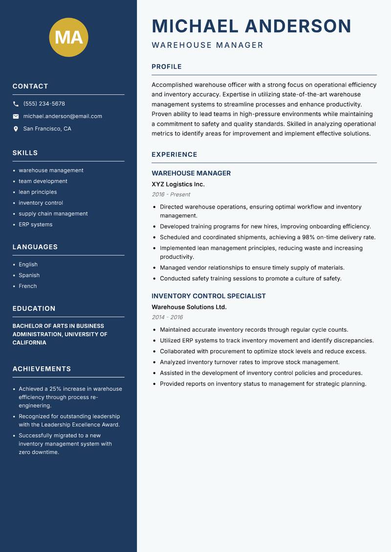 Warehouse Officer Resume Preview Example