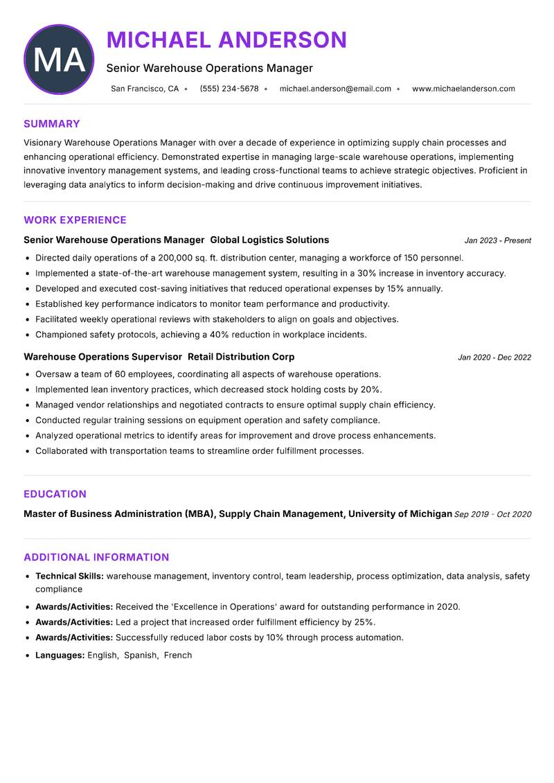 Warehouse Operations Manager Resume Preview Example
