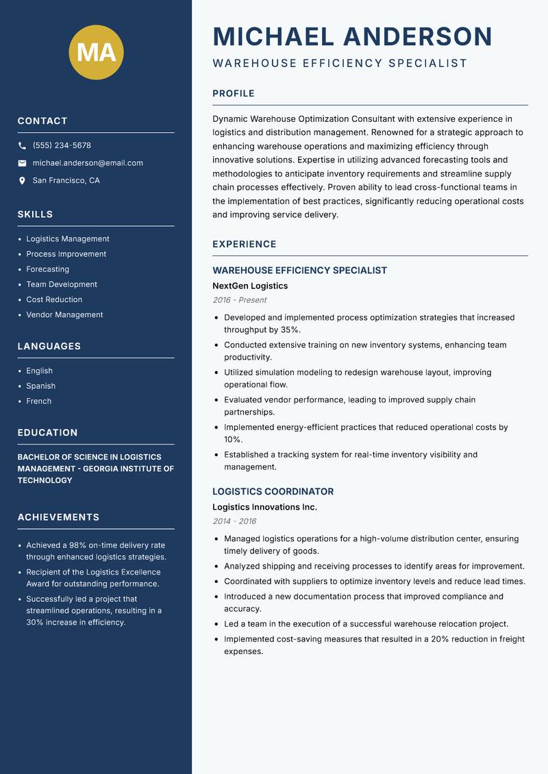 Warehouse Optimization Consultant Resume Preview Example