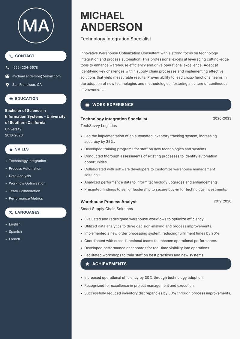 Warehouse Optimization Consultant Resume Preview Example