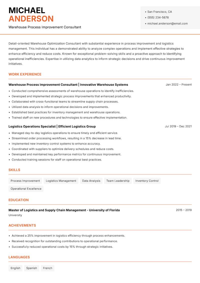 Warehouse Optimization Consultant Resume Template