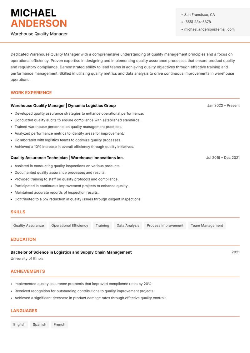 Warehouse Quality Manager Resume Template