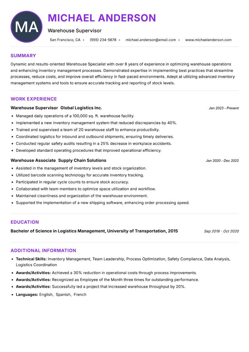 Warehouse Specialist Resume Preview Example