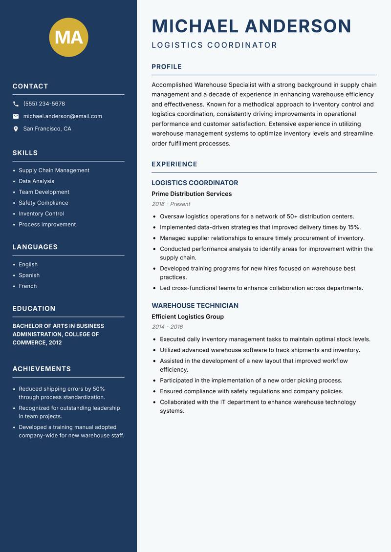 Warehouse Specialist Resume Preview Example