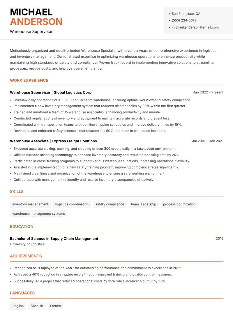 Warehouse Specialist Resume Template