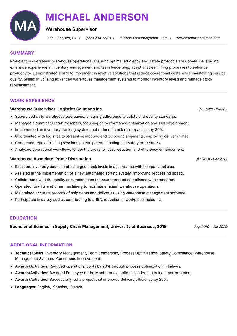 Warehouse Supervisor Resume Preview Example