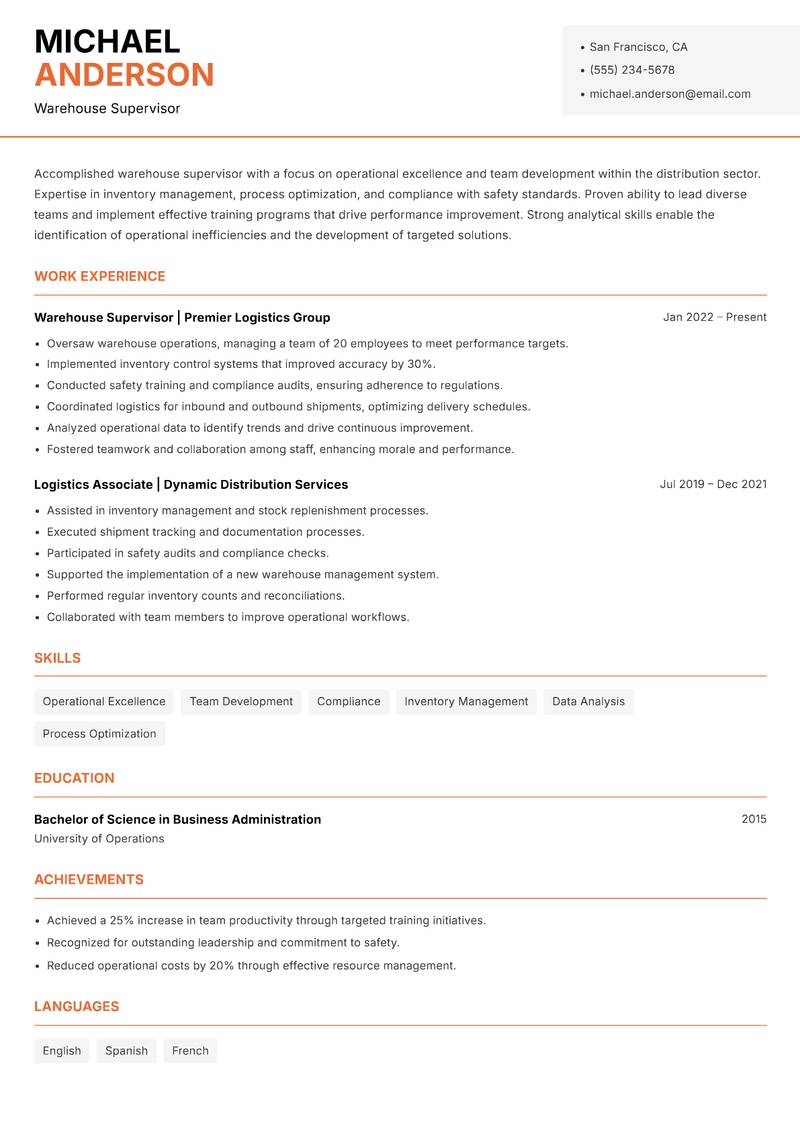 Warehouse Supervisor Resume Template