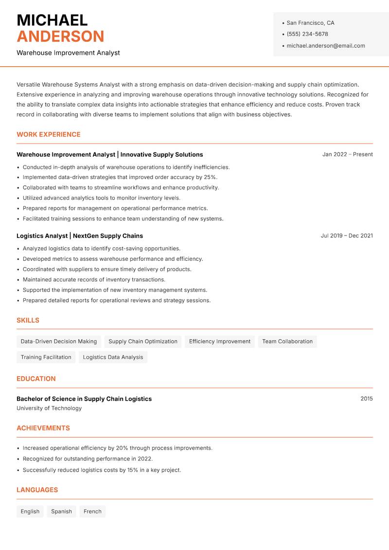 Warehouse Systems Analyst Resume Template