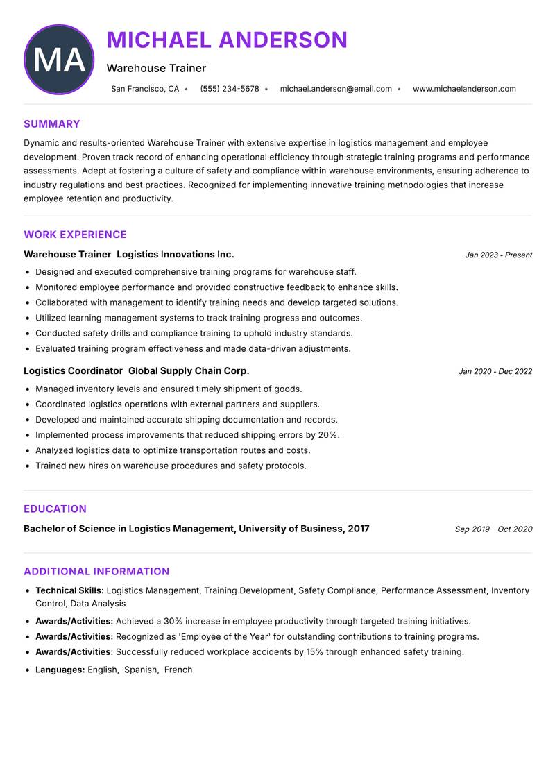 Warehouse Trainer Resume Preview Example