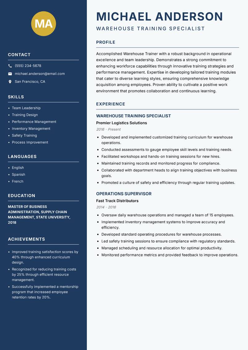 Warehouse Trainer Resume Preview Example