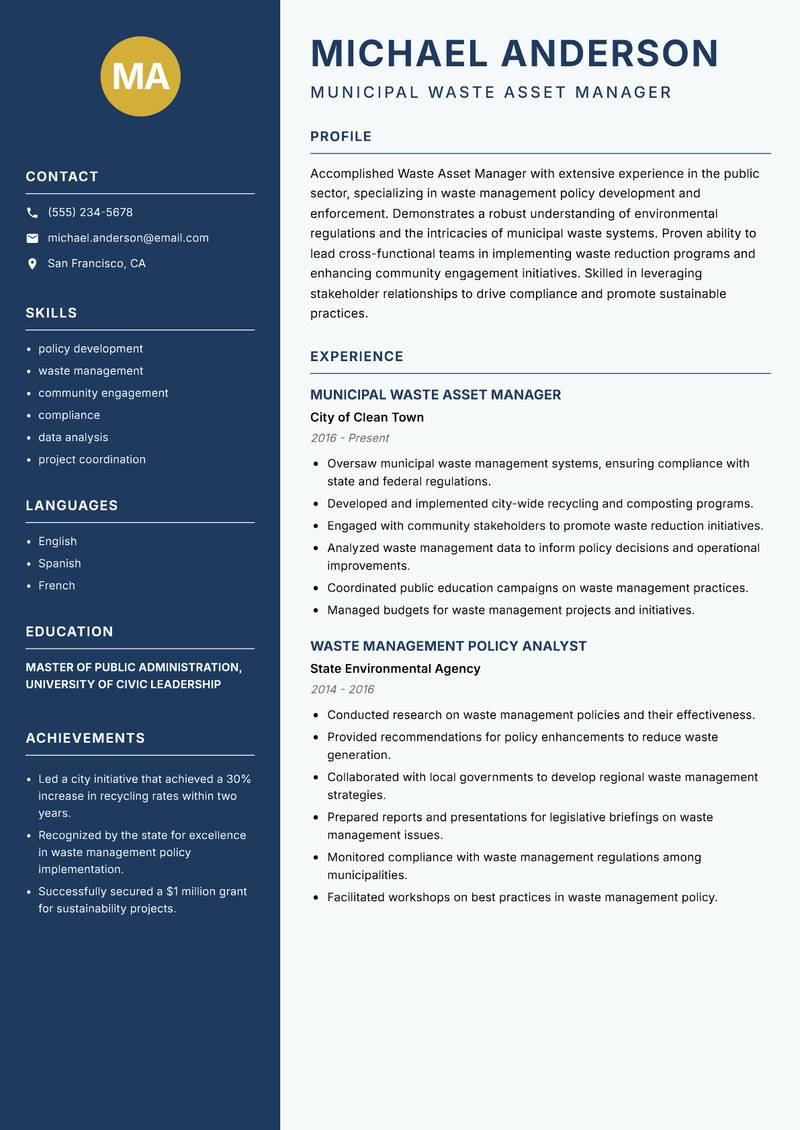 Waste Asset Manager Resume Preview Example