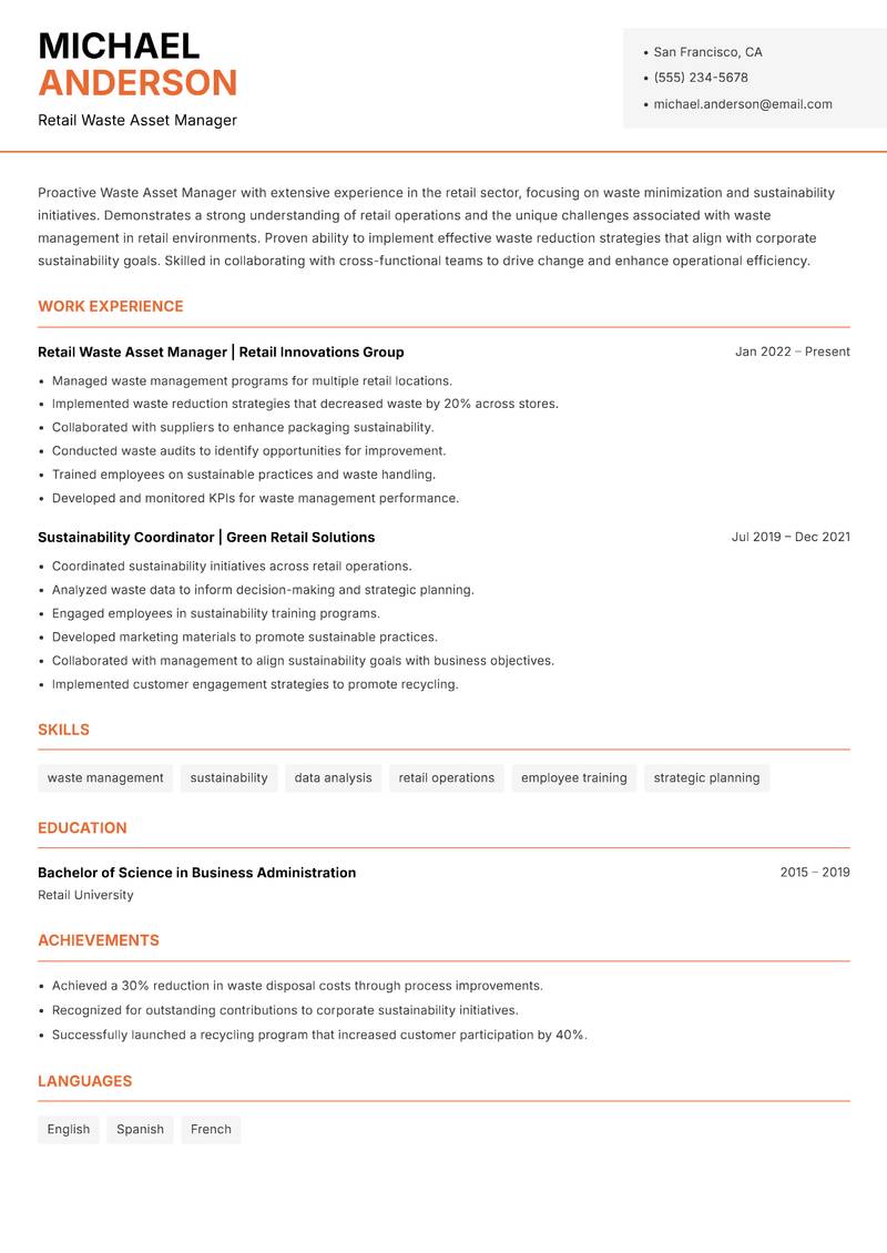 Waste Asset Manager Resume Template