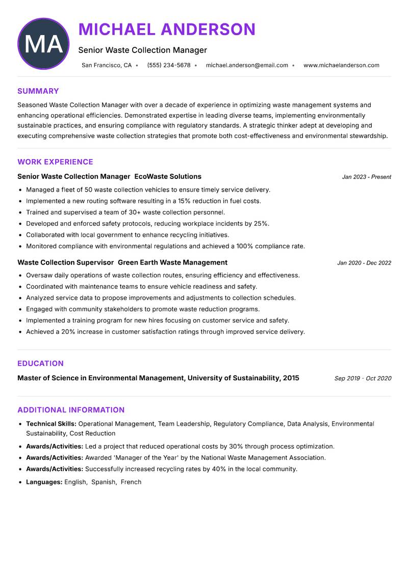 Waste Collection Manager Resume Preview Example