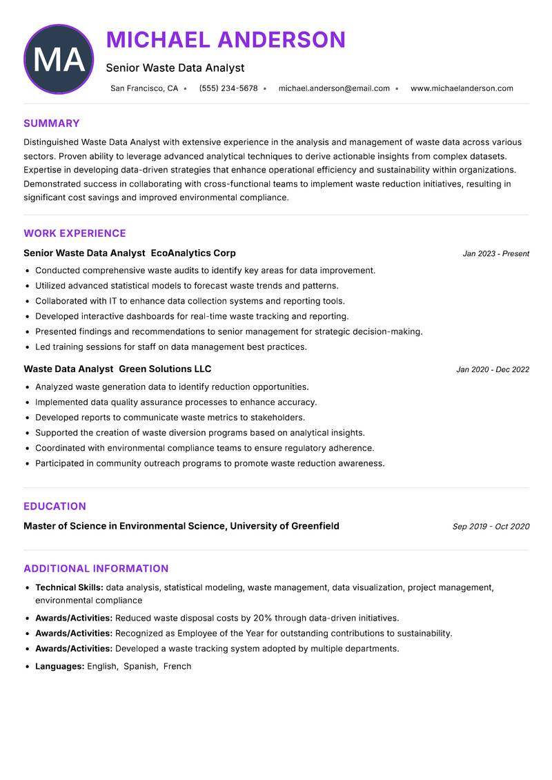 Waste Data Analyst Resume Preview Example