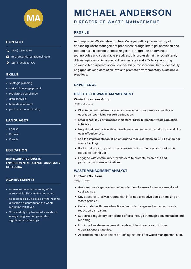 Waste Infrastructure Manager Resume Preview Example