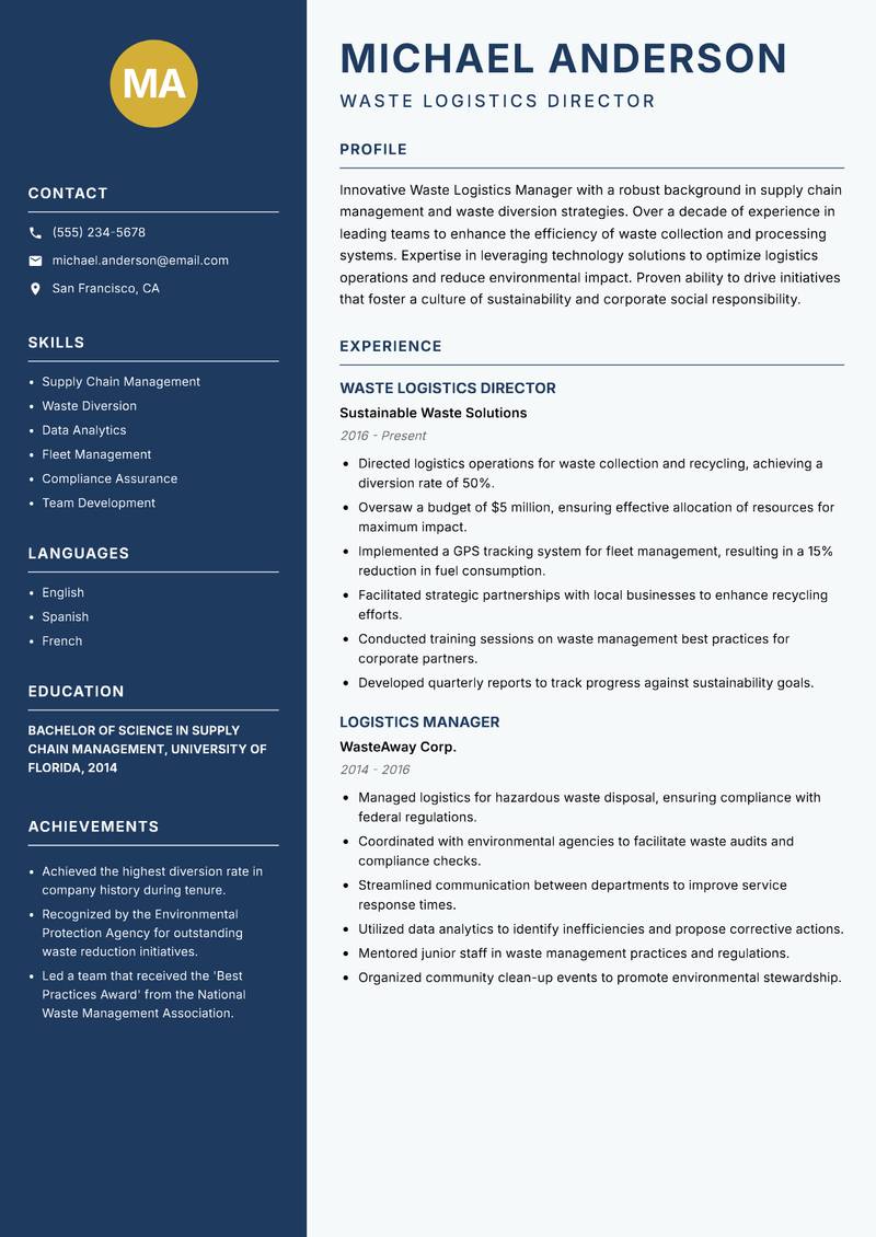 Waste Logistics Manager Resume Preview Example