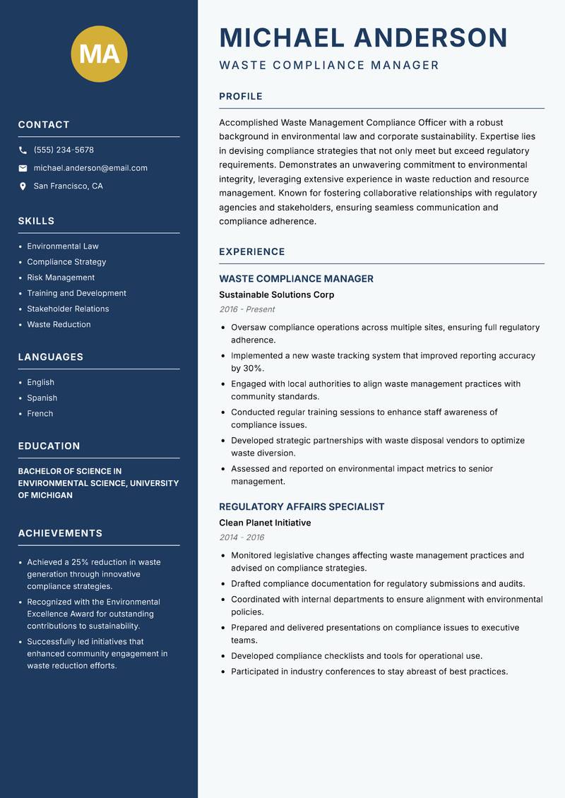 Waste Management Compliance Officer Resume Preview Example