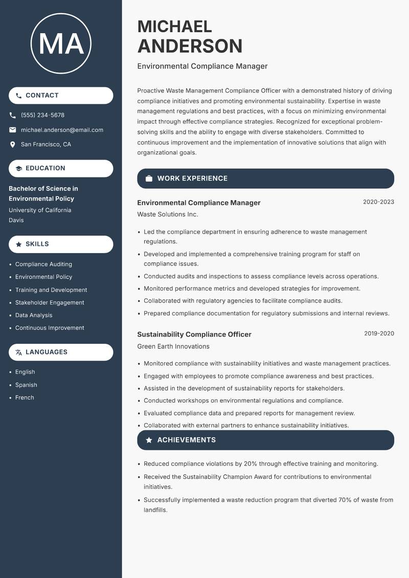 Waste Management Compliance Officer Resume Preview Example