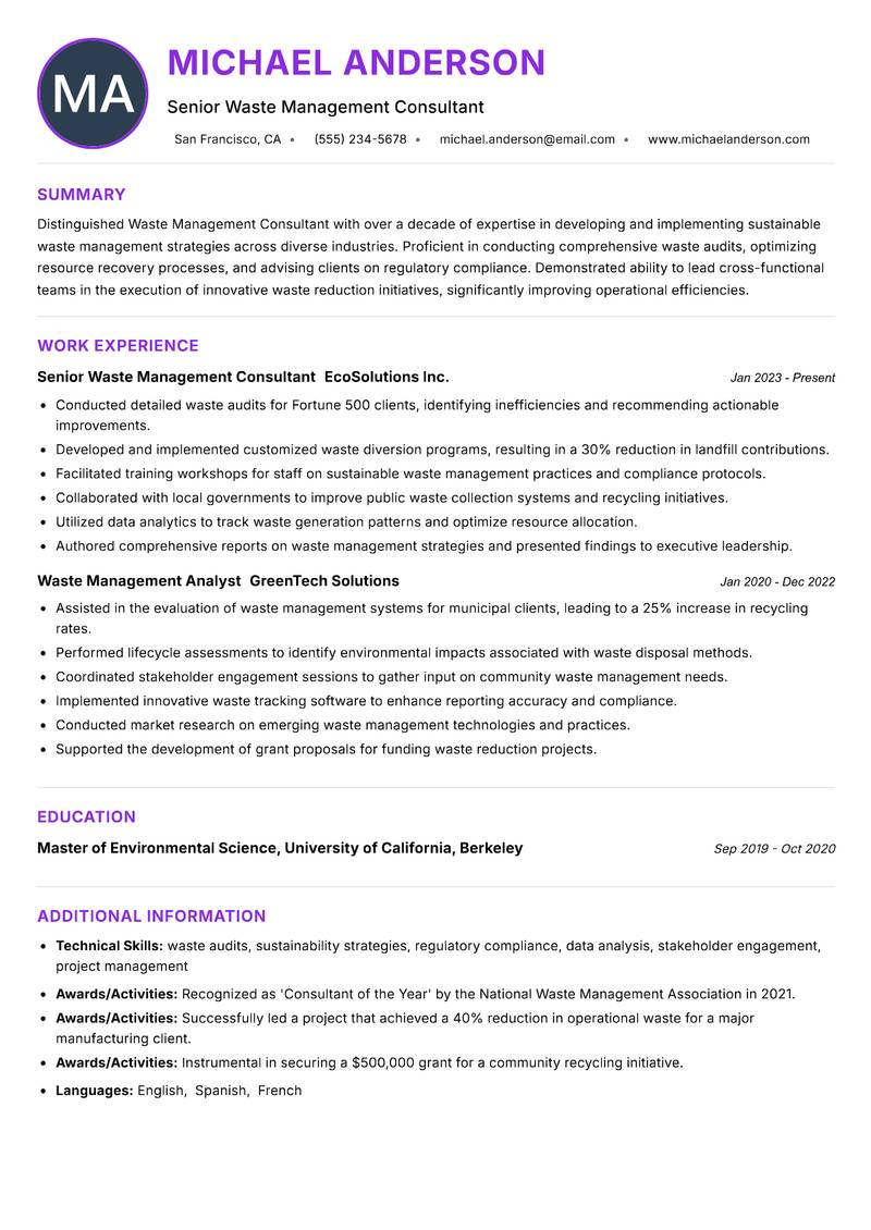 Waste Management Consultant Resume Preview Example
