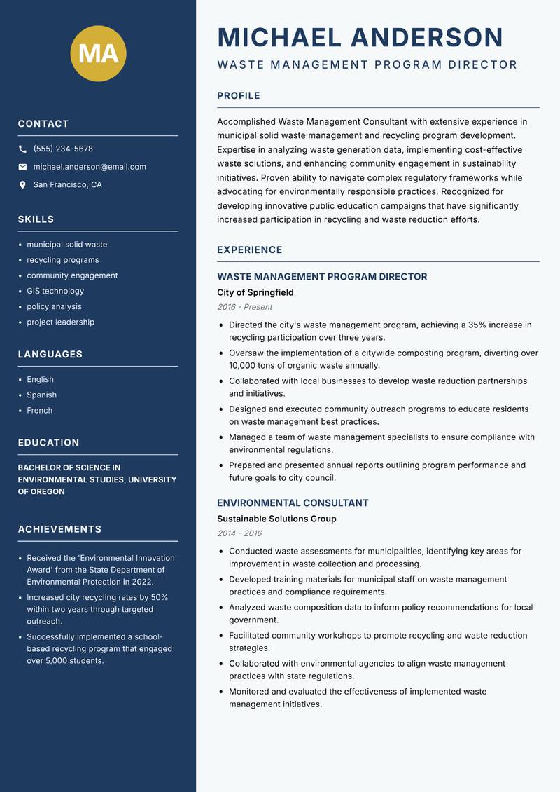 Waste Management Consultant Resume Preview Example