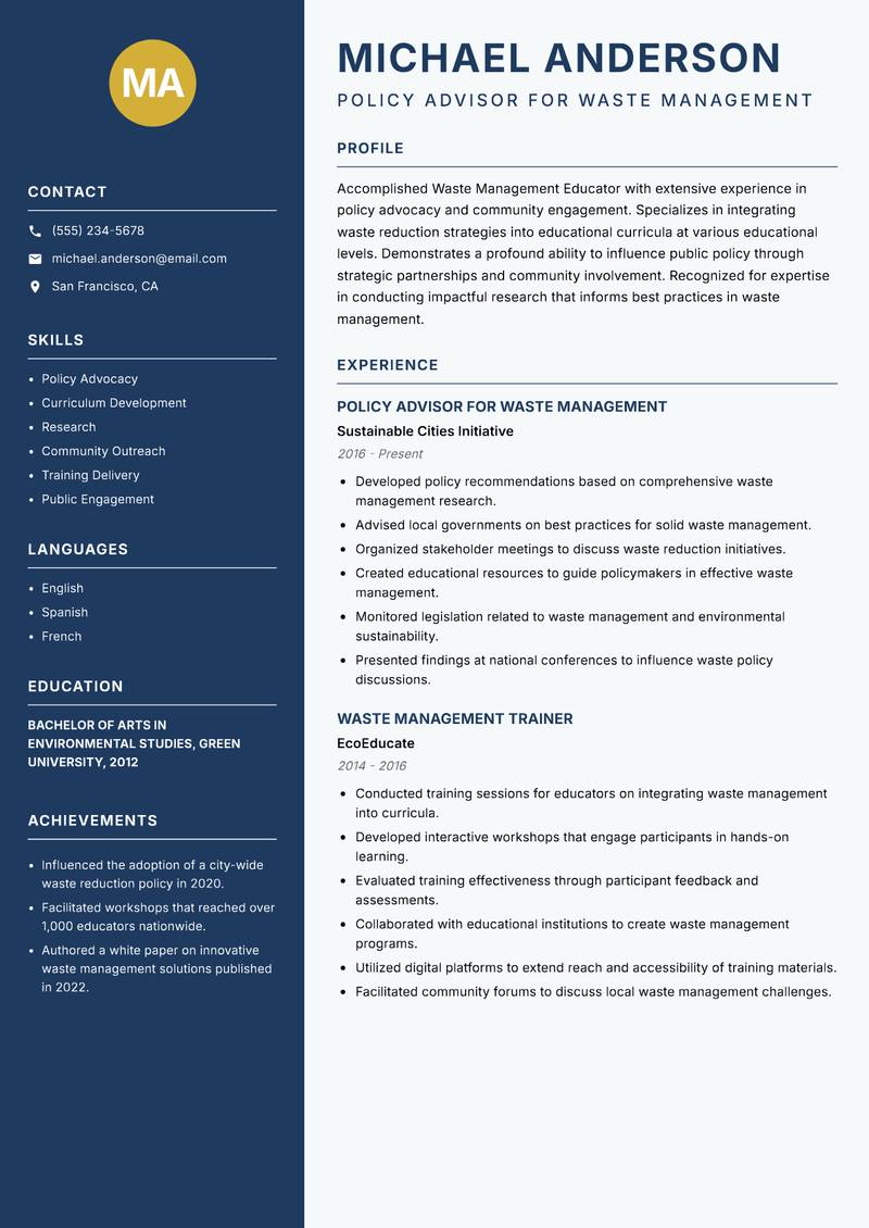 Waste Management Educator Resume Preview Example