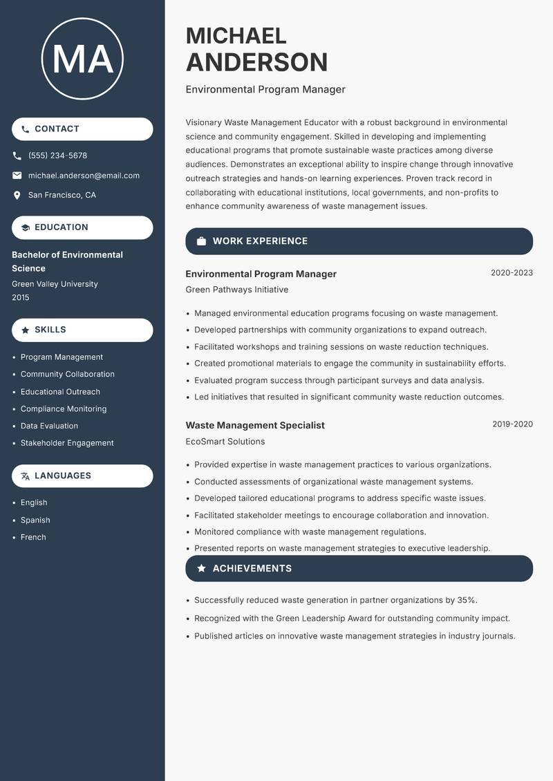 Waste Management Educator Resume Preview Example