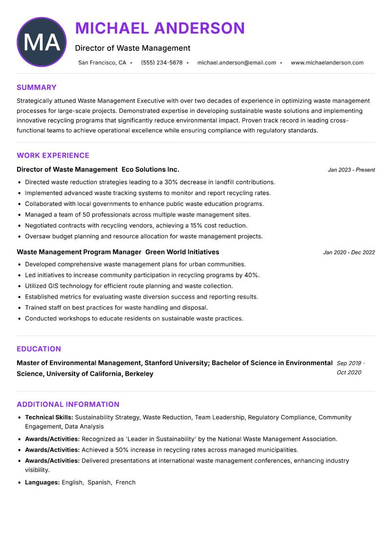 Waste Management Executive Resume Preview Example