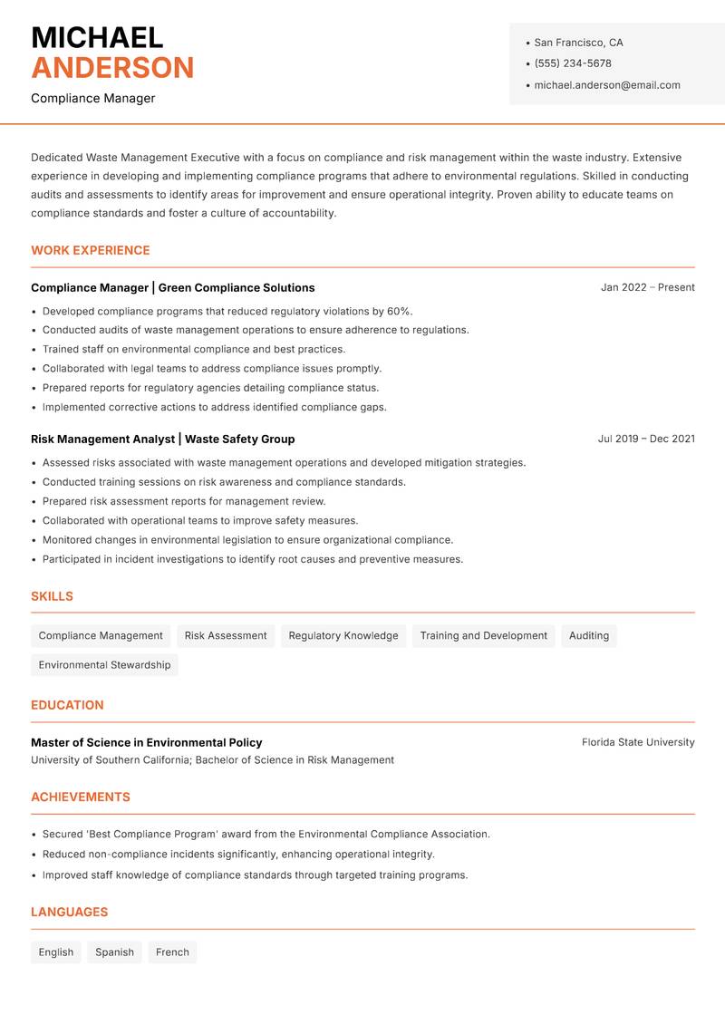 Waste Management Executive Resume Template