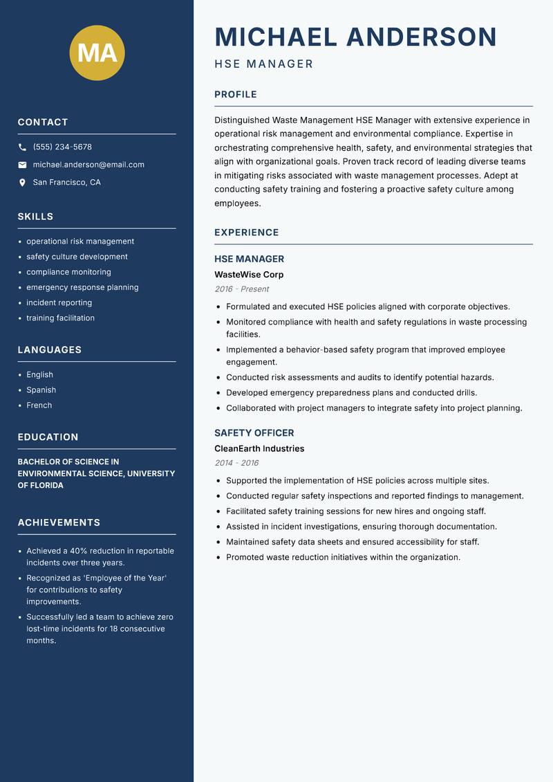 Waste Management HSE Manager Resume Preview Example