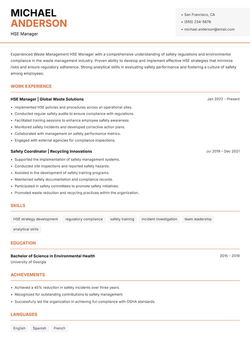 Waste Management HSE Manager Resume Template