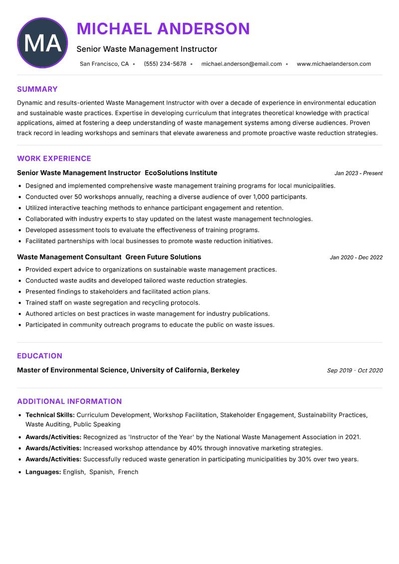 Waste Management Instructor Resume Preview Example