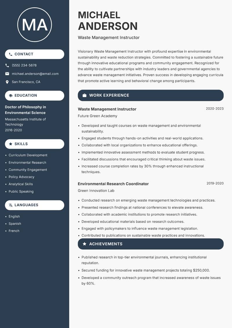 Waste Management Instructor Resume Preview Example