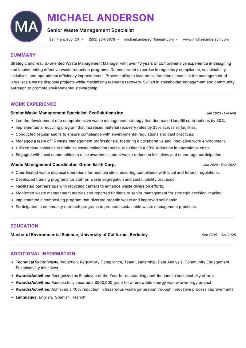 Waste Management Manager Resume Preview Example