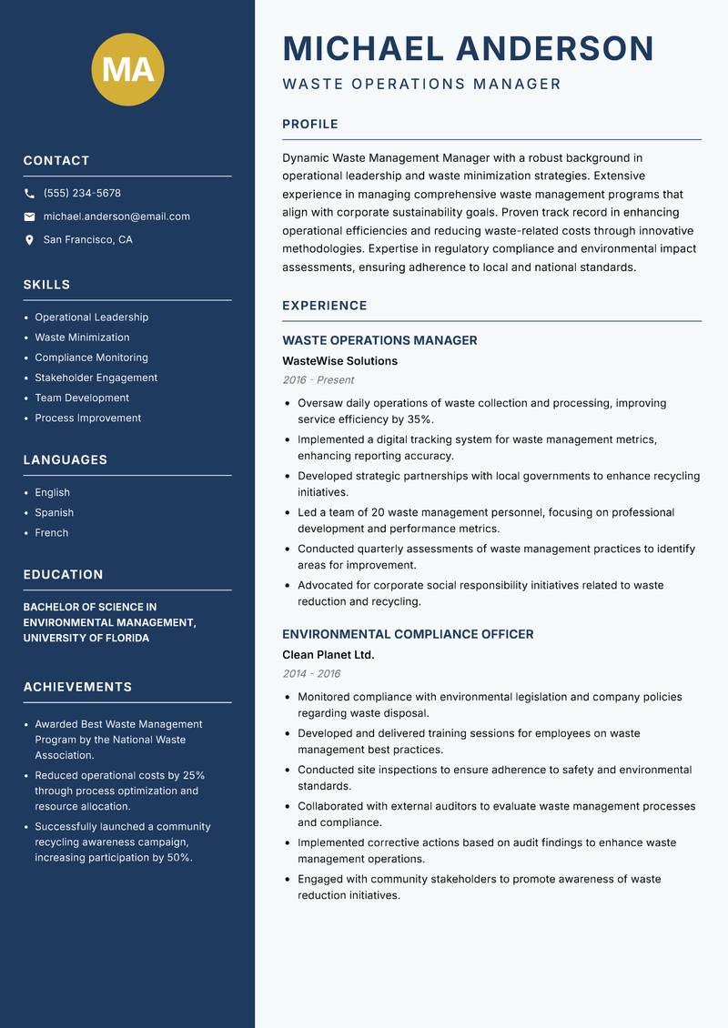 Waste Management Manager Resume Preview Example