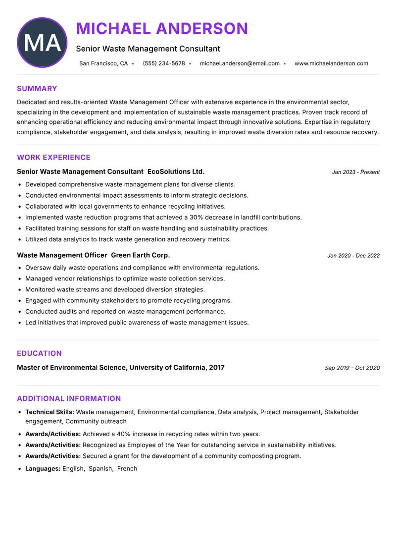 Waste Management Officer Resume Preview Example