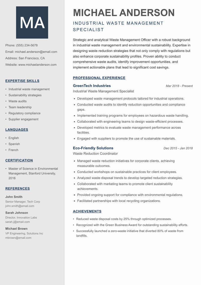 Waste Management Officer Resume Preview Example