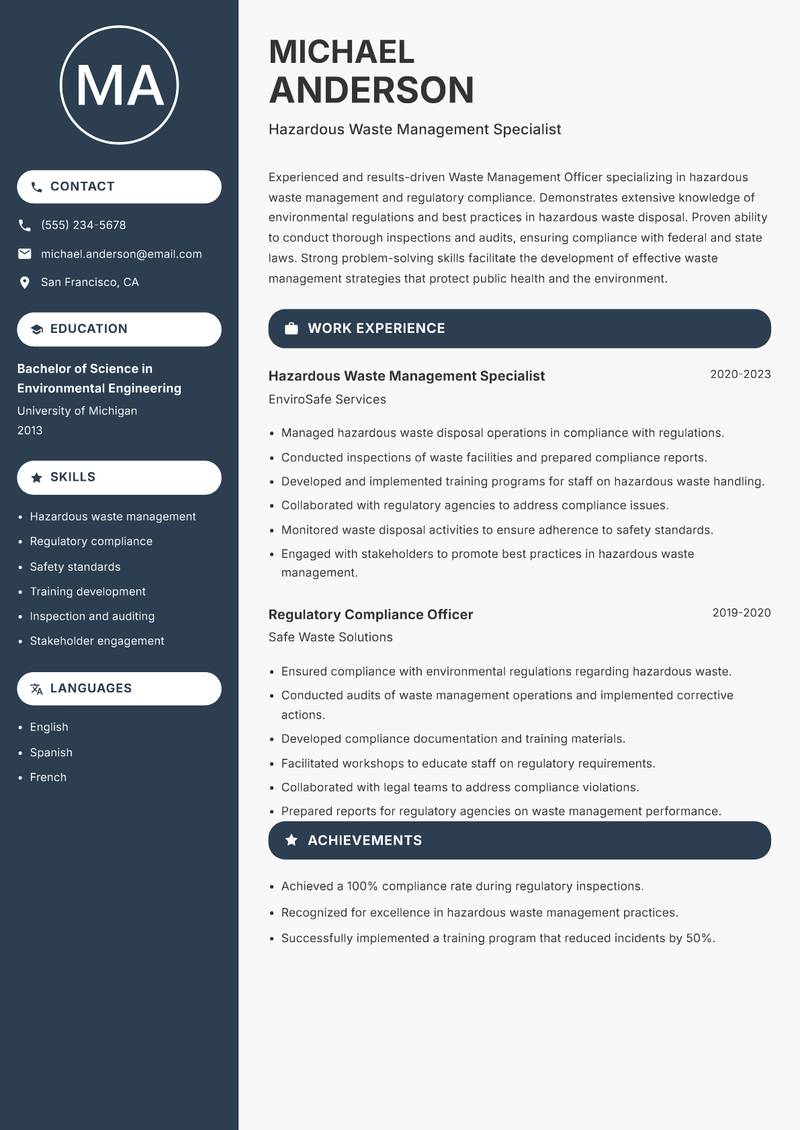 Waste Management Officer Resume Preview Example