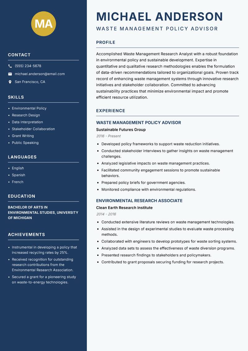 Waste Management Research Analyst Resume Preview Example