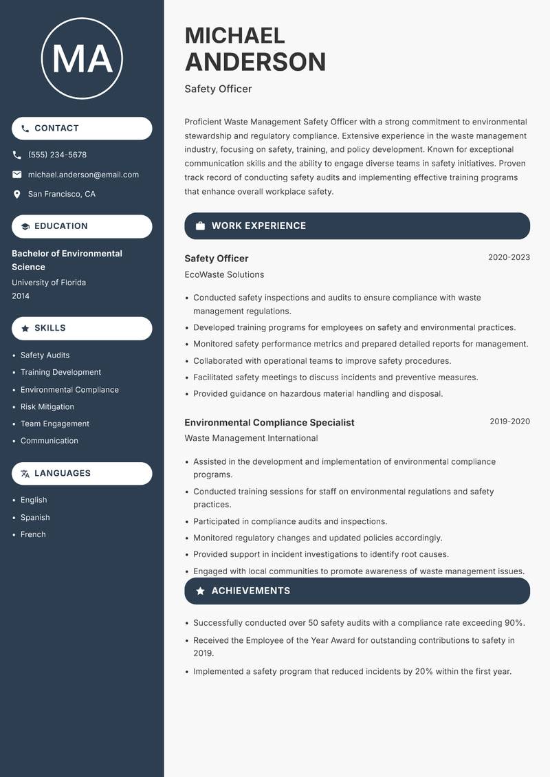 Waste Management Safety Officer Resume Preview Example
