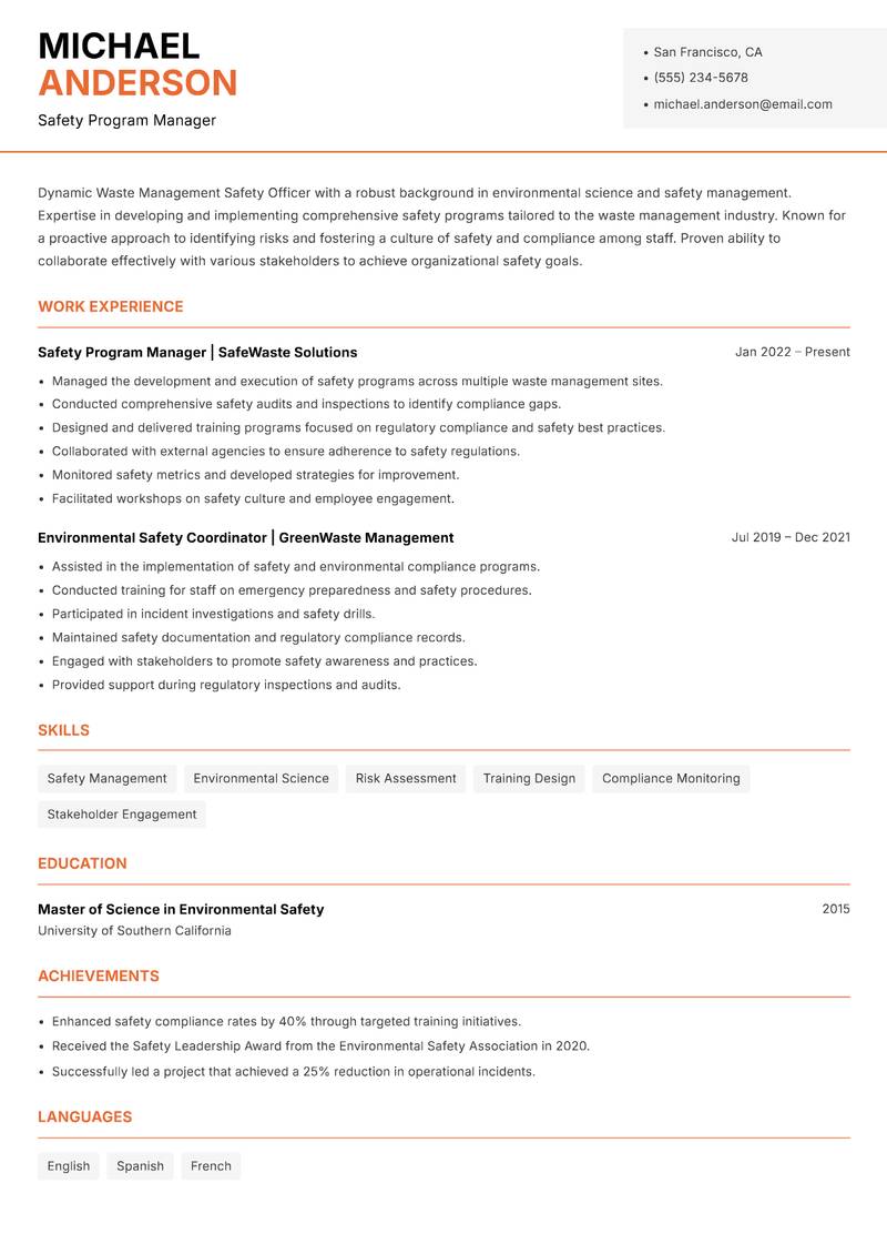 Waste Management Safety Officer Resume Template