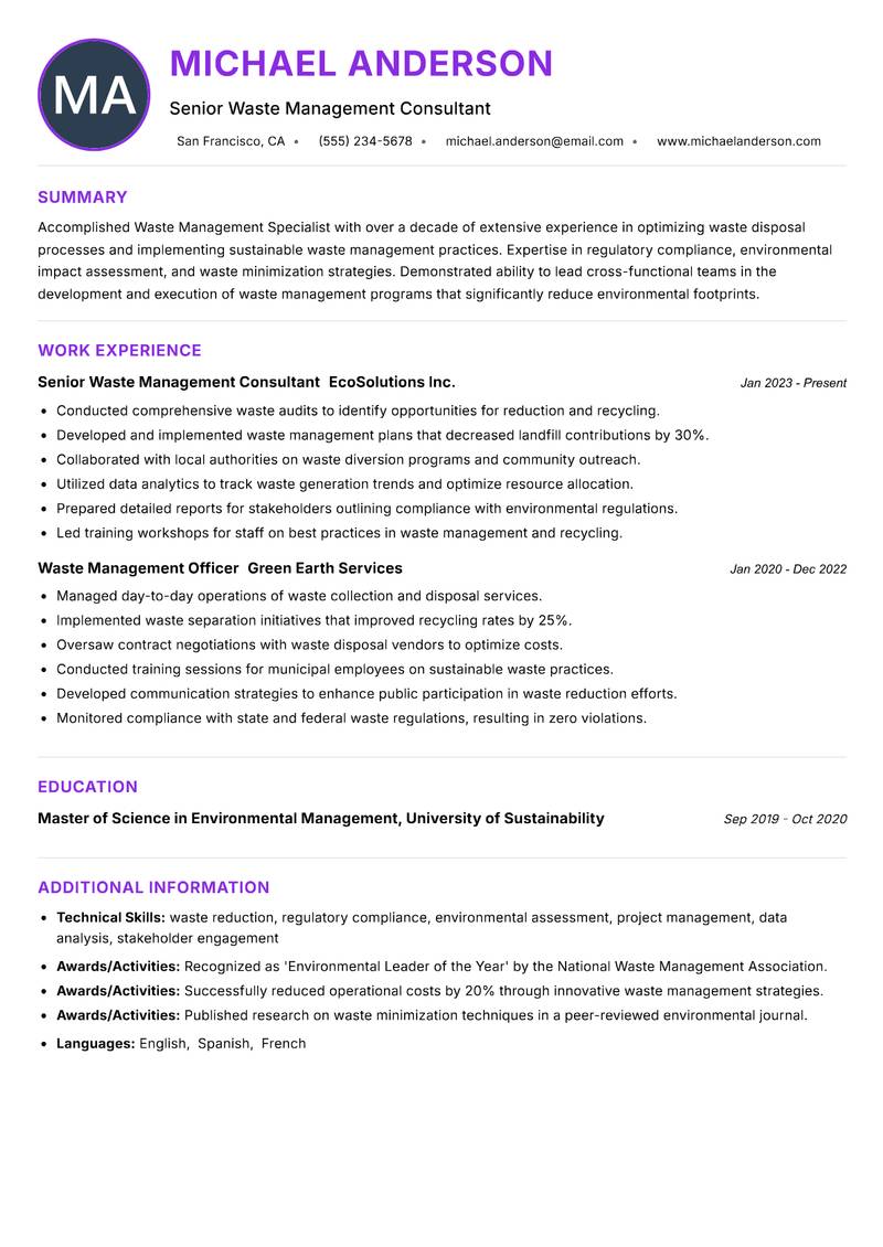 Waste Management Specialist Resume Preview Example