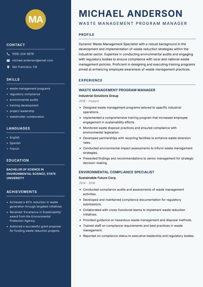 Waste Management Specialist Resume Preview Example
