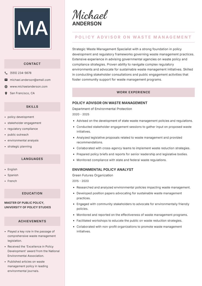 Waste Management Specialist Resume Preview Example