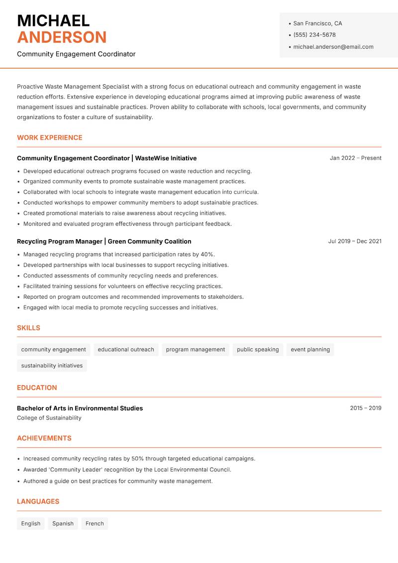 Waste Management Specialist Resume Template